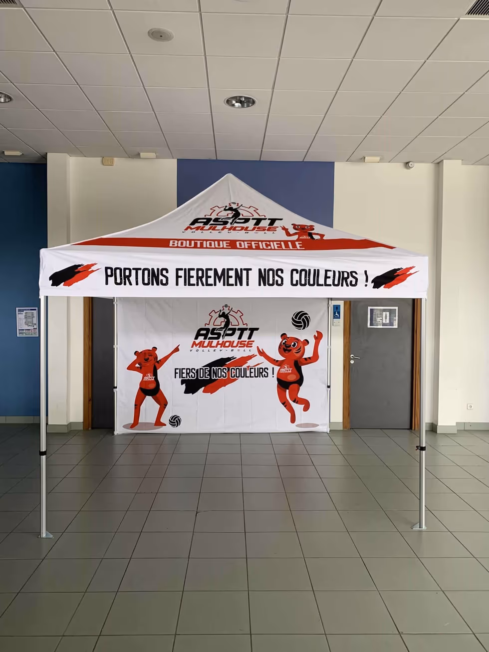 Barnum pliant personnalisé ASPTT Mulhouse, boutique officielle de supporters, monté en salle