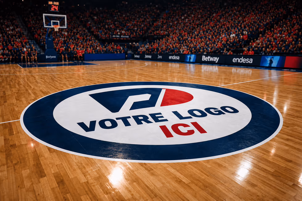 Rond central de basket personnalisé en marquage de sol repositionnable sur un parquet d'arène