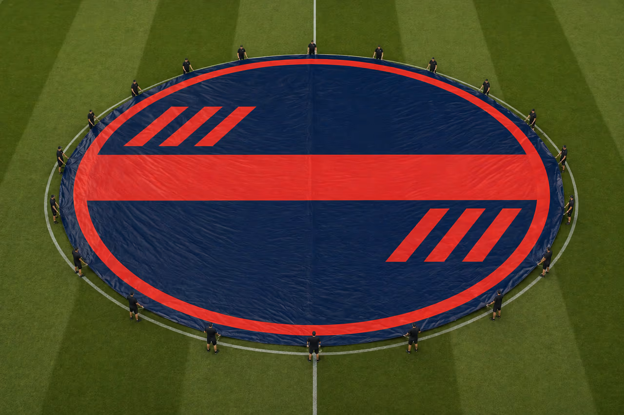 Bâche de rond central de 18 m installée sur un terrain de football