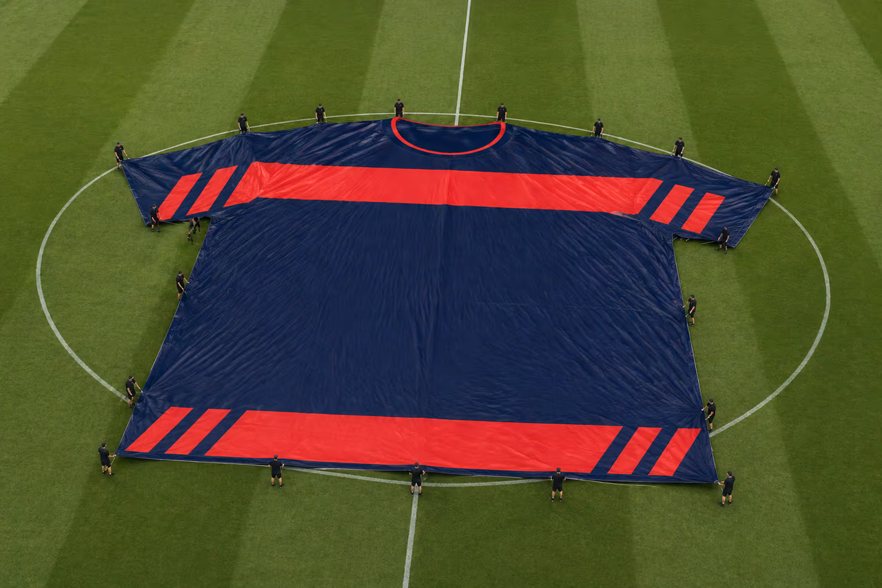 Maillot géant personnalisé navy et rouge déployé sur la pelouse par des porteurs
