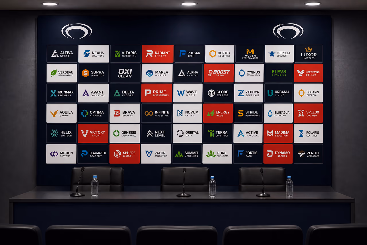 Mur d'interview couvert de logos sponsors dans une salle de presse de club sportif